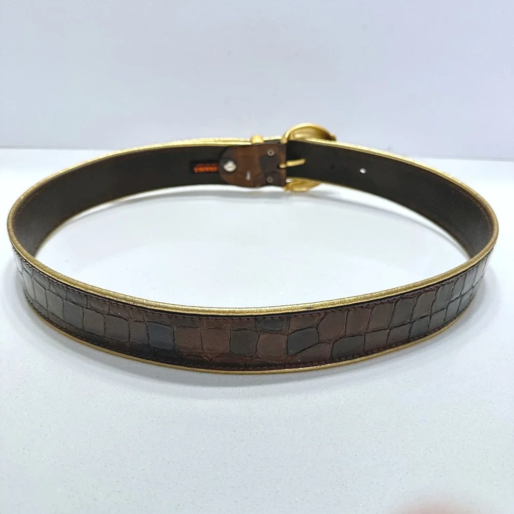 Nanni Italy Brown Crocodile Embossed Leather Belt Gold Engraved Buckle Size 34